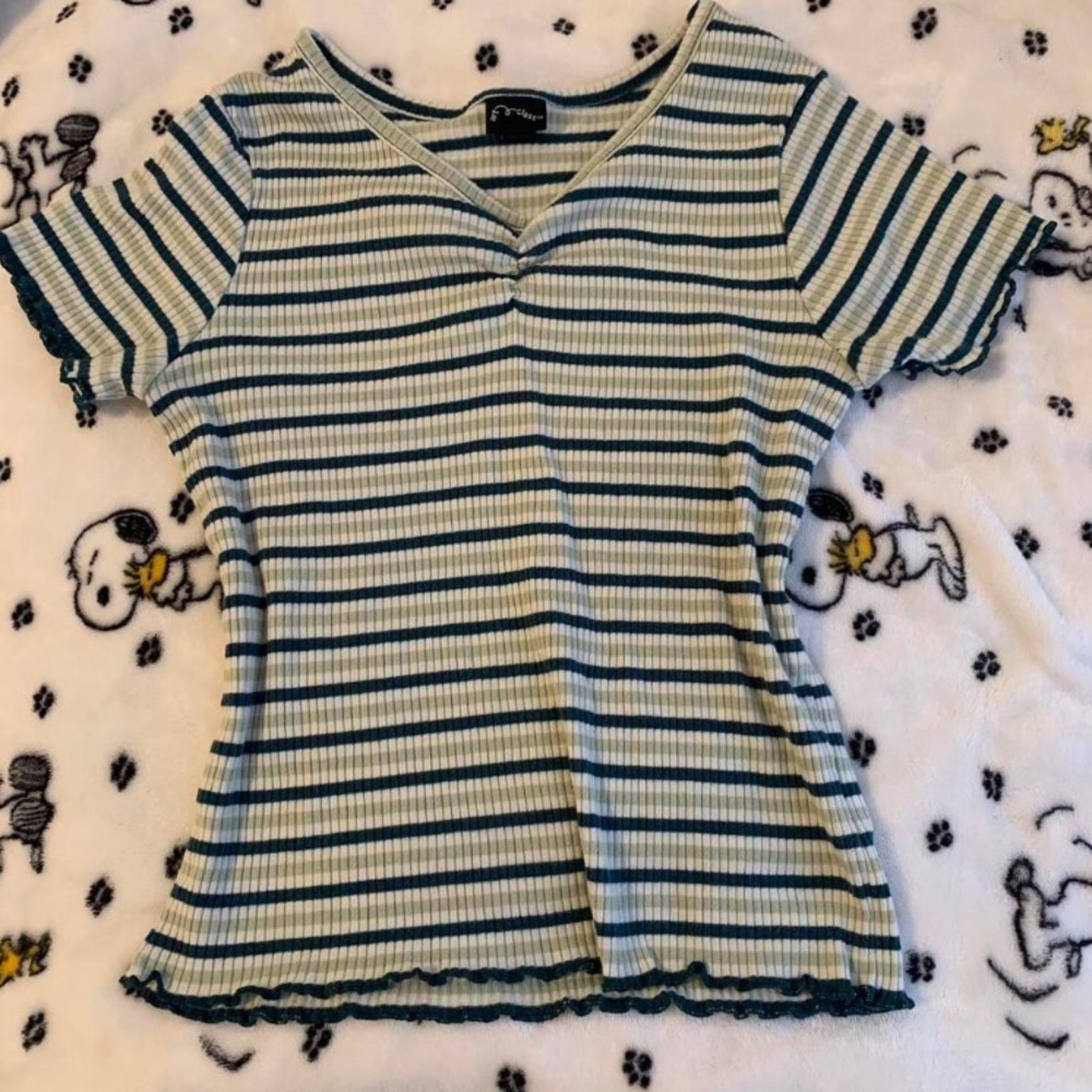 White, light green striped Art Class top with a slight v neck and short sleeves